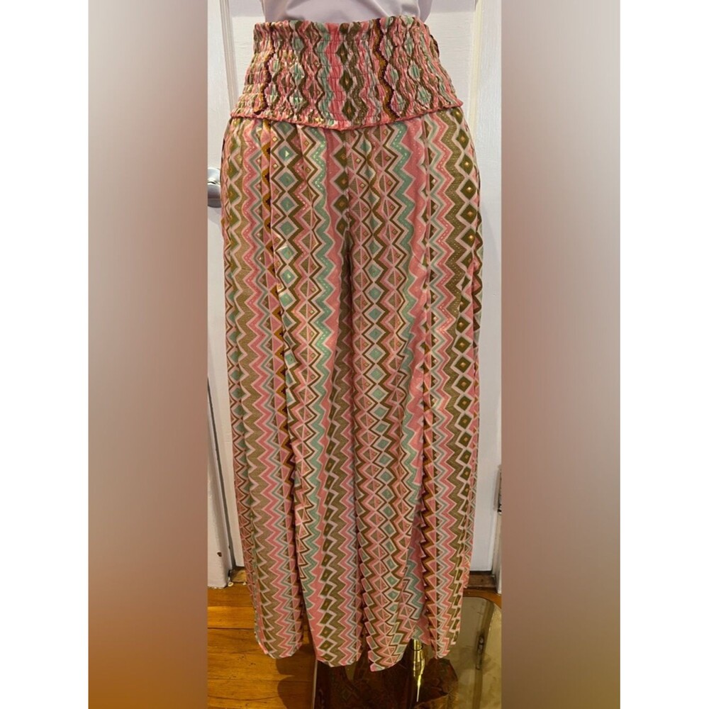 Silk Blend Wide-Leg Pants Pink Earth Tone Geometric  Print Bohemian Resort Wear
